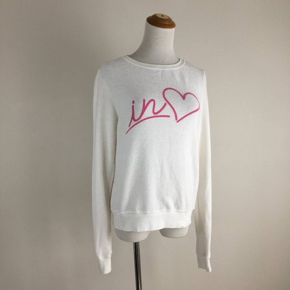 WILFOX White Pink IN LOVE Heart Print Long Sleeve Pullover Sweatshirt Shirt